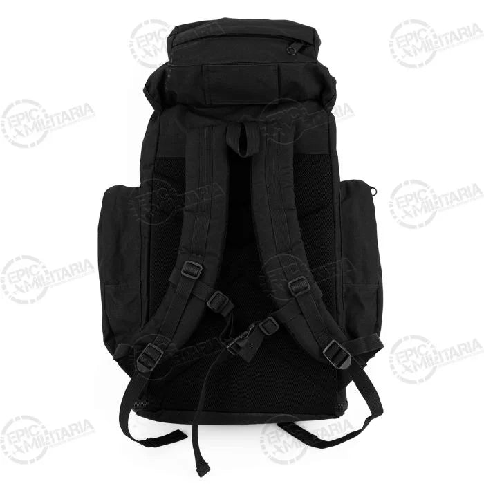 Rear view of British Army Black Day Sack showing padded shoulder straps and back panel