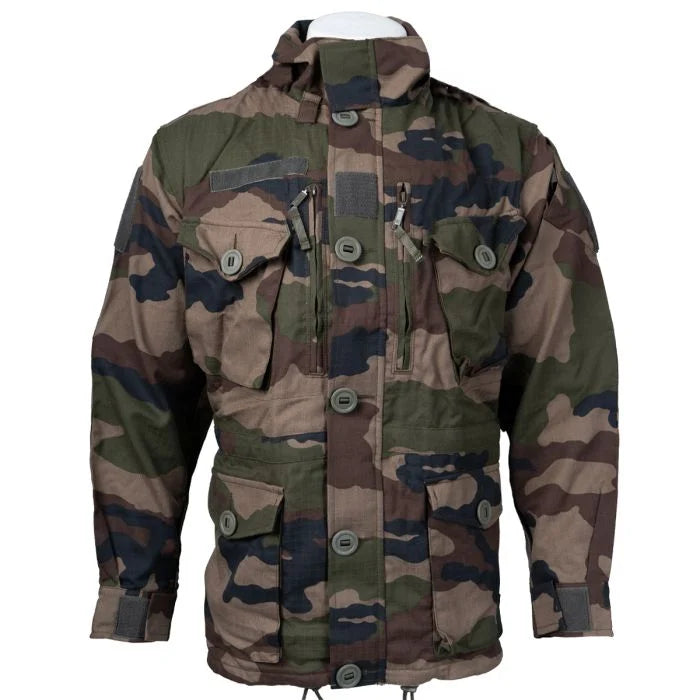 Front view of the French Army FELIN T4 ripstop combat jacket in CCE camo on a mannequin
