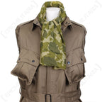 Front view of US Army airborne camouflage parachute scarf worn on combat tunic