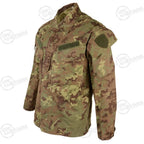 Side angle view of Italian Army Vegetato camo combat shirt with shoulder patches