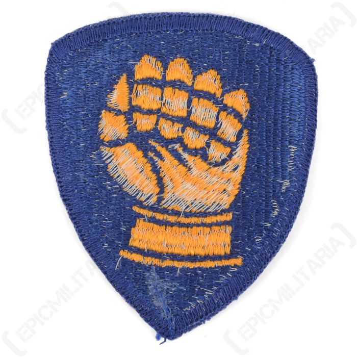 Reverse side of the original US 46th Infantry Division patch displaying white bobbin backing threads