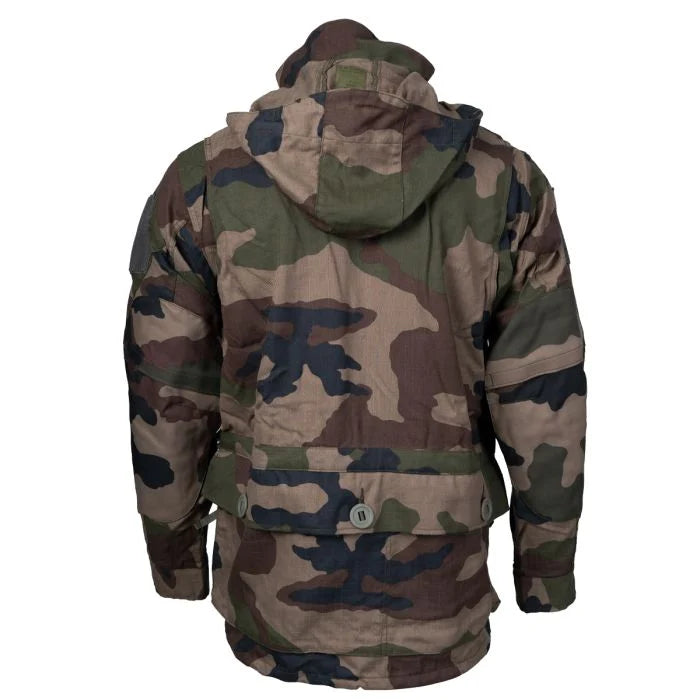 Rear view of French Army FELIN T4 combat jacket showing lower lumbar storage pouch and hood