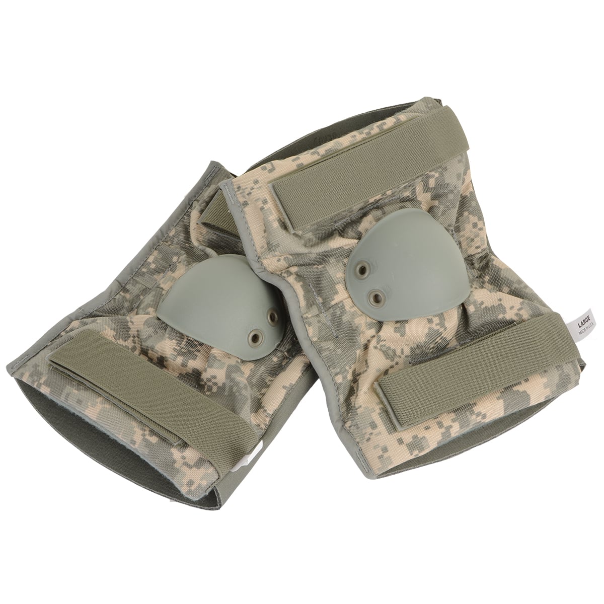 Pair of authentic US Army surplus ACU digital camouflage elbow pads featuring hard matte green protective shells and adjustable olive drab straps.