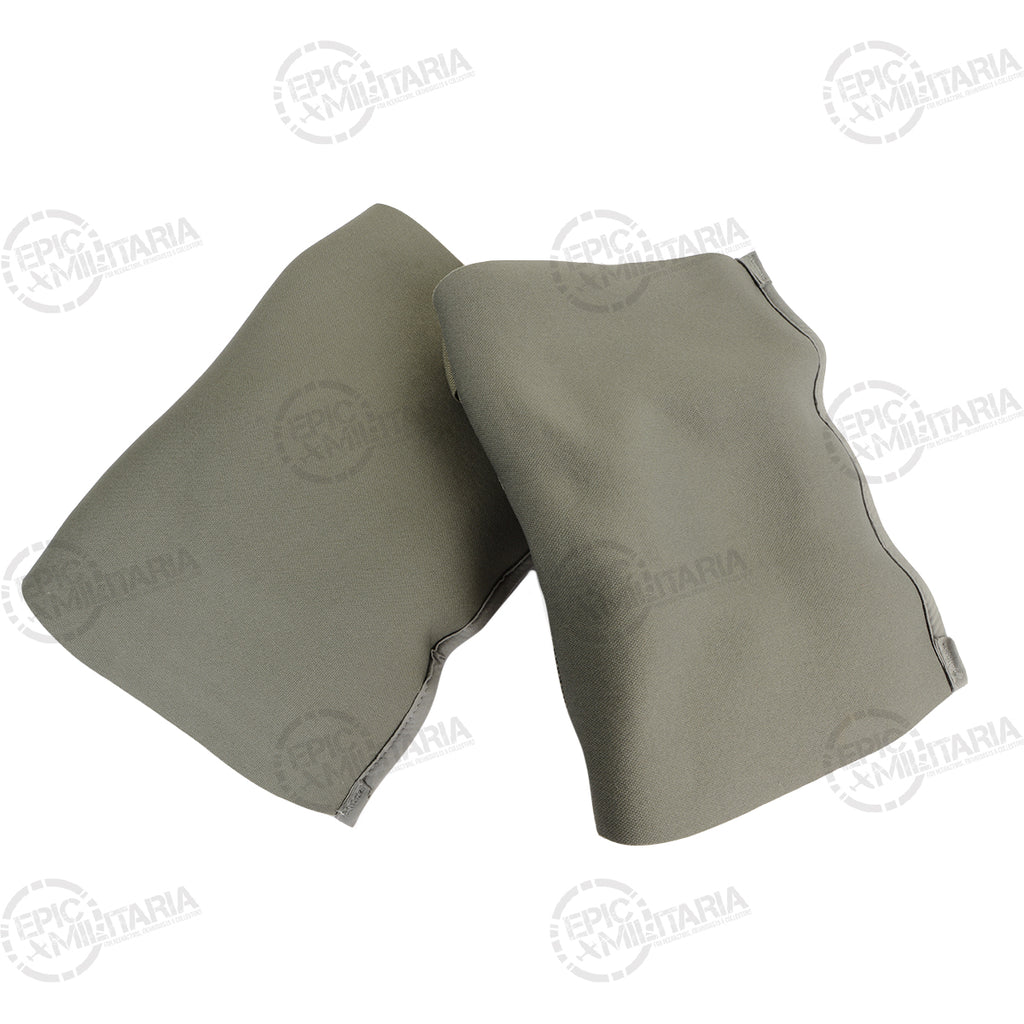 Reverse view of US GI elbow pads showing smooth olive drab fabric and durable polyethylene material construction.