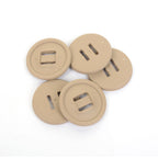 High-angle view of multiple 31mm khaki buttons with parallel attachment slots, suitable for military reenactment garments.