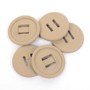 Detailed top-down view of durable khaki buttons, showcasing the classic British Army style and slotted construction for secure attachment.