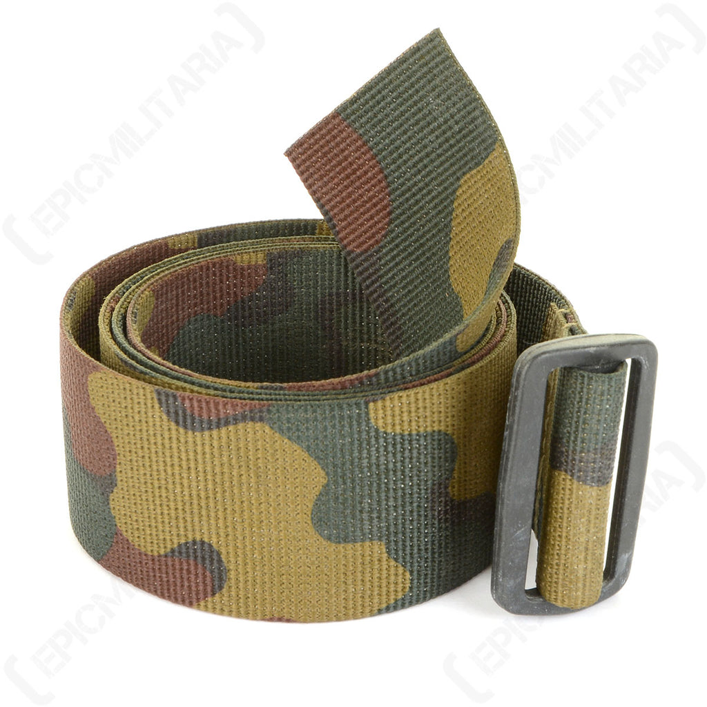 Belgian Army 120cm Jigsaw camouflage nylon webbing belt rolled up, featuring a durable black plastic friction-locking sliding buckle.