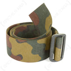 Belgian Army 120cm Jigsaw camouflage nylon webbing belt rolled up, featuring a durable black plastic friction-locking sliding buckle.