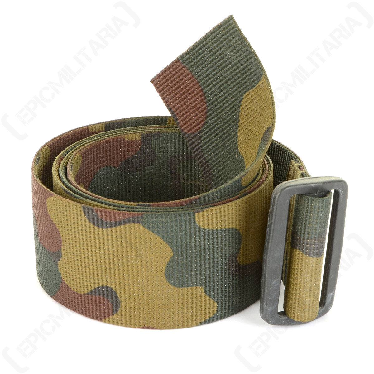 Belgian Army 120cm Jigsaw camouflage nylon webbing belt rolled up, featuring a durable black plastic friction-locking sliding buckle.