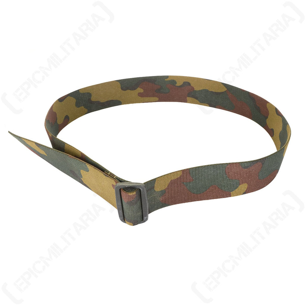 Full-length view of the genuine issue Belgian jigsaw camo belt, highlighting the lightweight, adjustable tactical design and low-profile buckle.