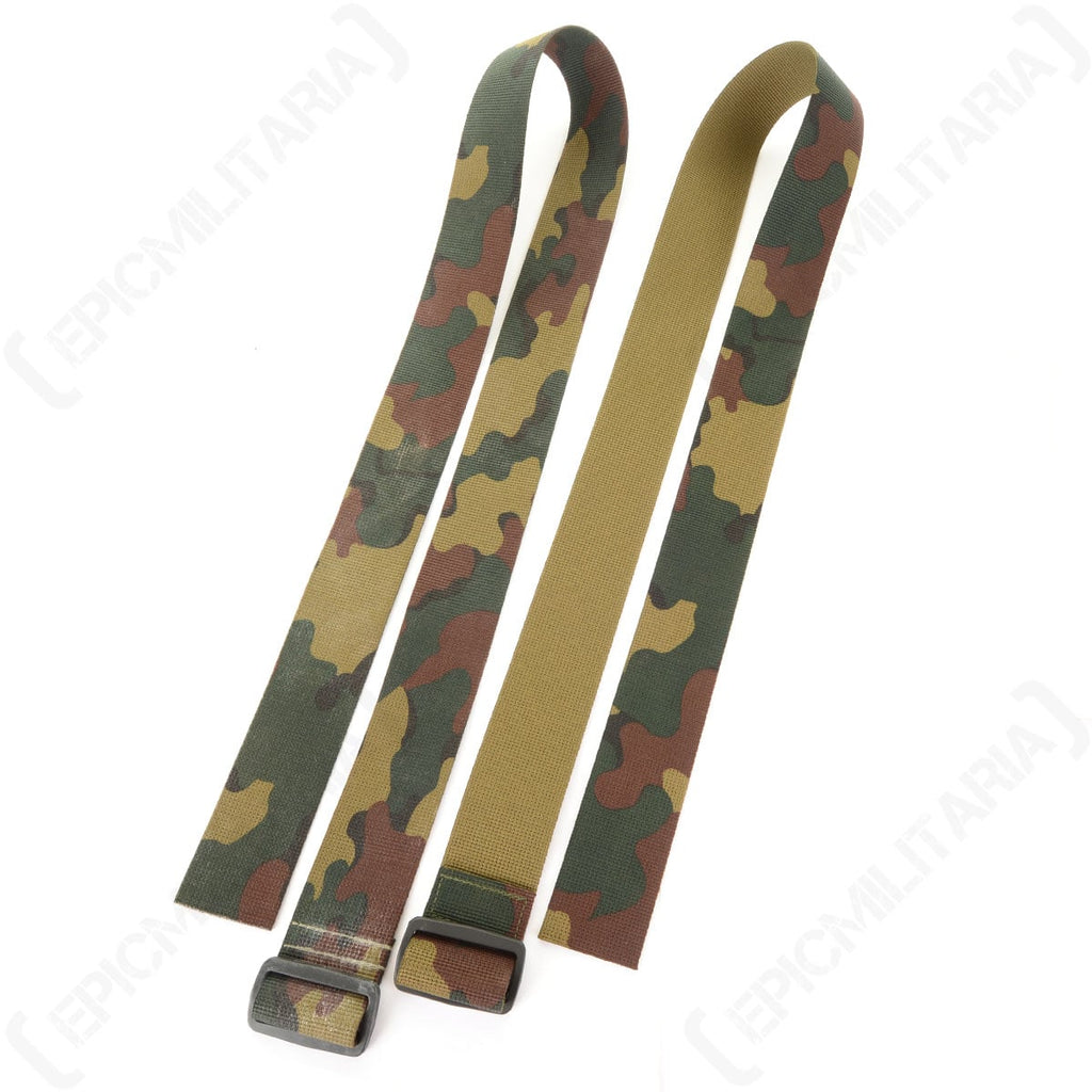 Pair of Grade 1 surplus Belgian Army jigsaw camo belts laid flat, showing the durable nylon construction, camouflage pattern, and buckle detail.