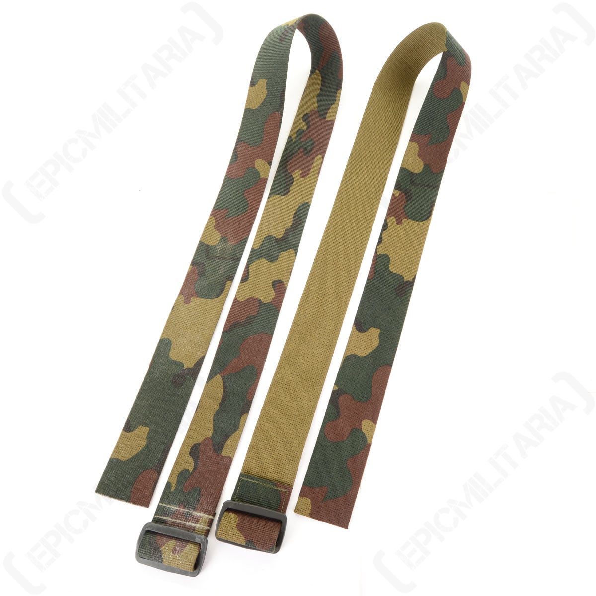Pair of Grade 1 surplus Belgian Army jigsaw camo belts laid flat, showing the durable nylon construction, camouflage pattern, and buckle detail.