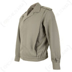 Side profile of a grey French Army Ike jacket showing the shoulder epaulets, long sleeves, and functional pocket placement.