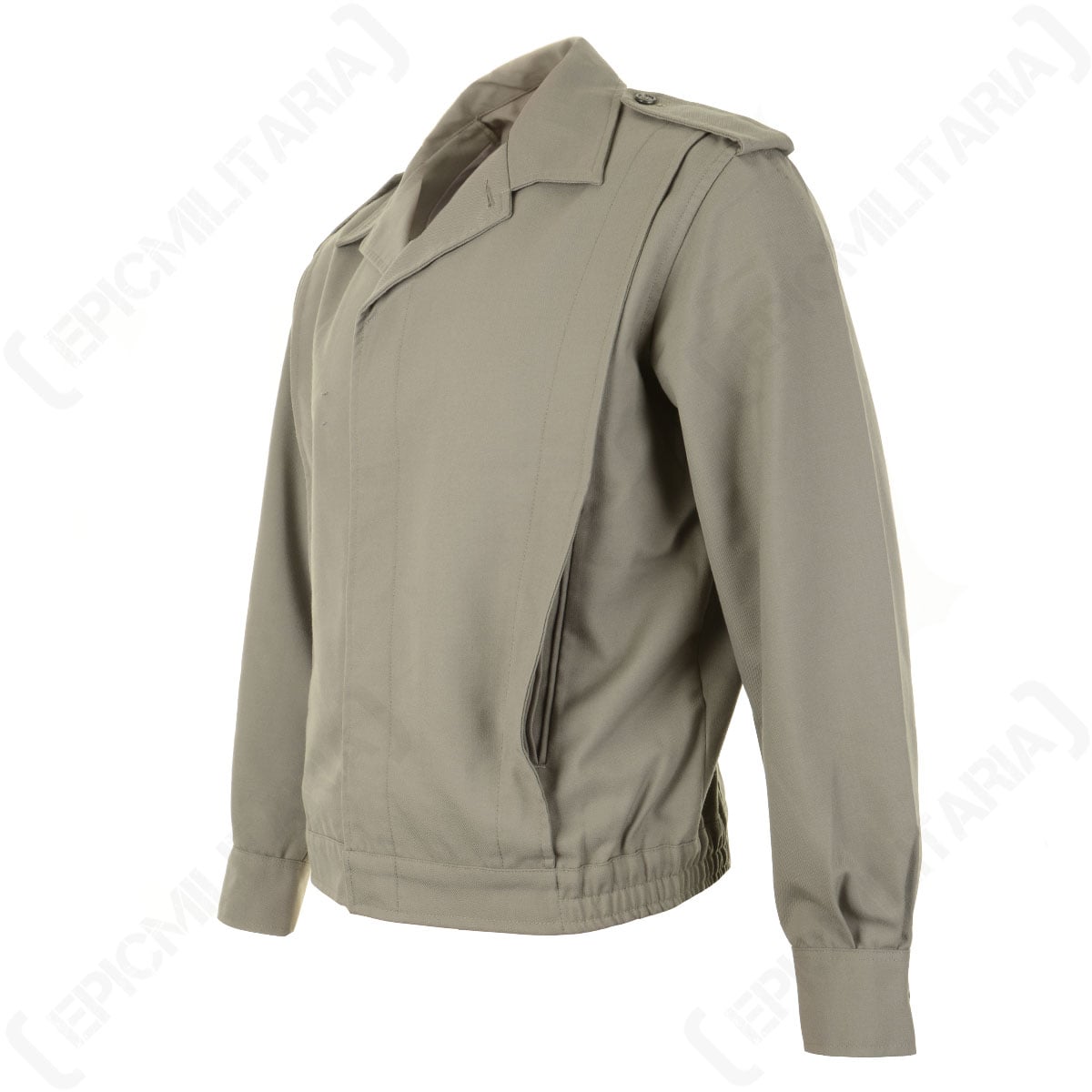 Side profile of a grey French Army Ike jacket showing the shoulder epaulets, long sleeves, and functional pocket placement.