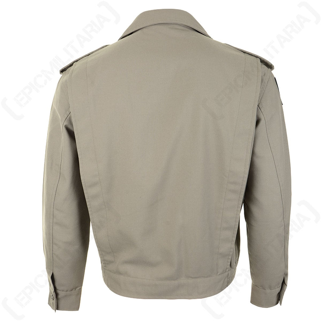 Rear view of the genuine French Army Ike jacket in grey, highlighting the durable cotton twill fabric and tailored military cut.