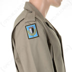 Close-up detail of the sleeve insignia on a French Army Ike jacket, displaying a shield and laurel wreath unit patch.