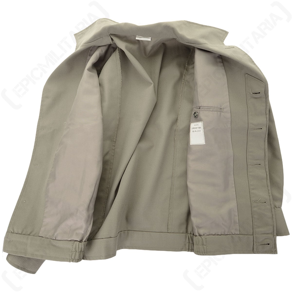 Interior view of the grey French Army Ike jacket, showcasing the clean, unlined construction and authentic military manufacturer tag.
