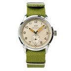 Ailager British ATP Service Watch front view showing silver dial, sub-seconds hand, and green military webbing strap