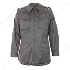 Original Danish Army M71 Civil Defence Parka in muted grey-green featuring front cargo pockets, epaulets, and a full zip closure.