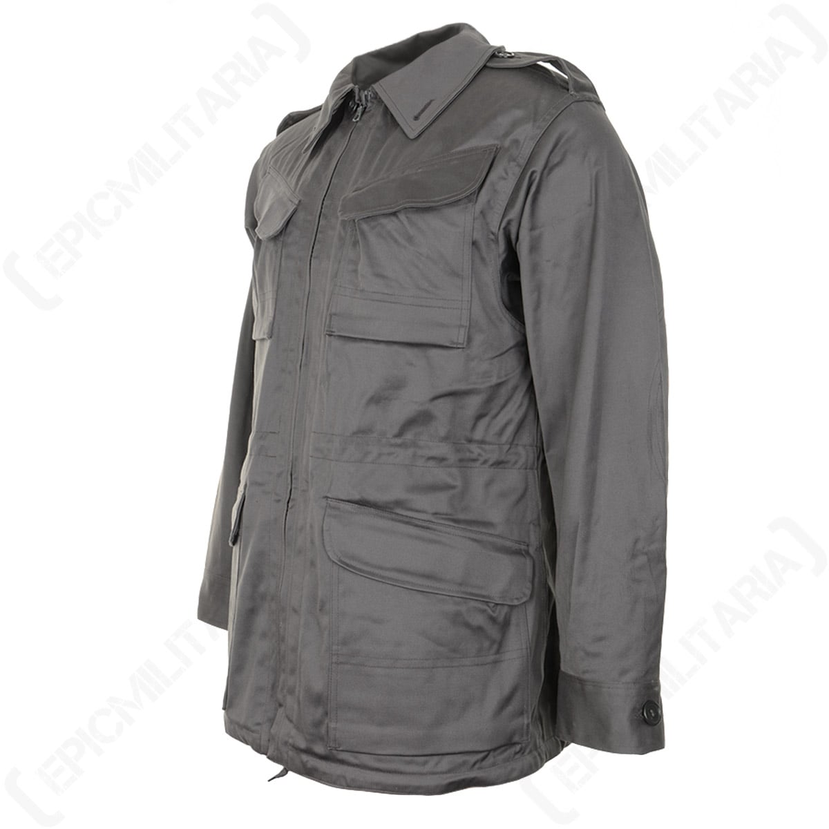 Angled view of the grey-green Danish M71 Civil Defence Parka showing side profile, sleeve detailing, and adjustable button cuffs.