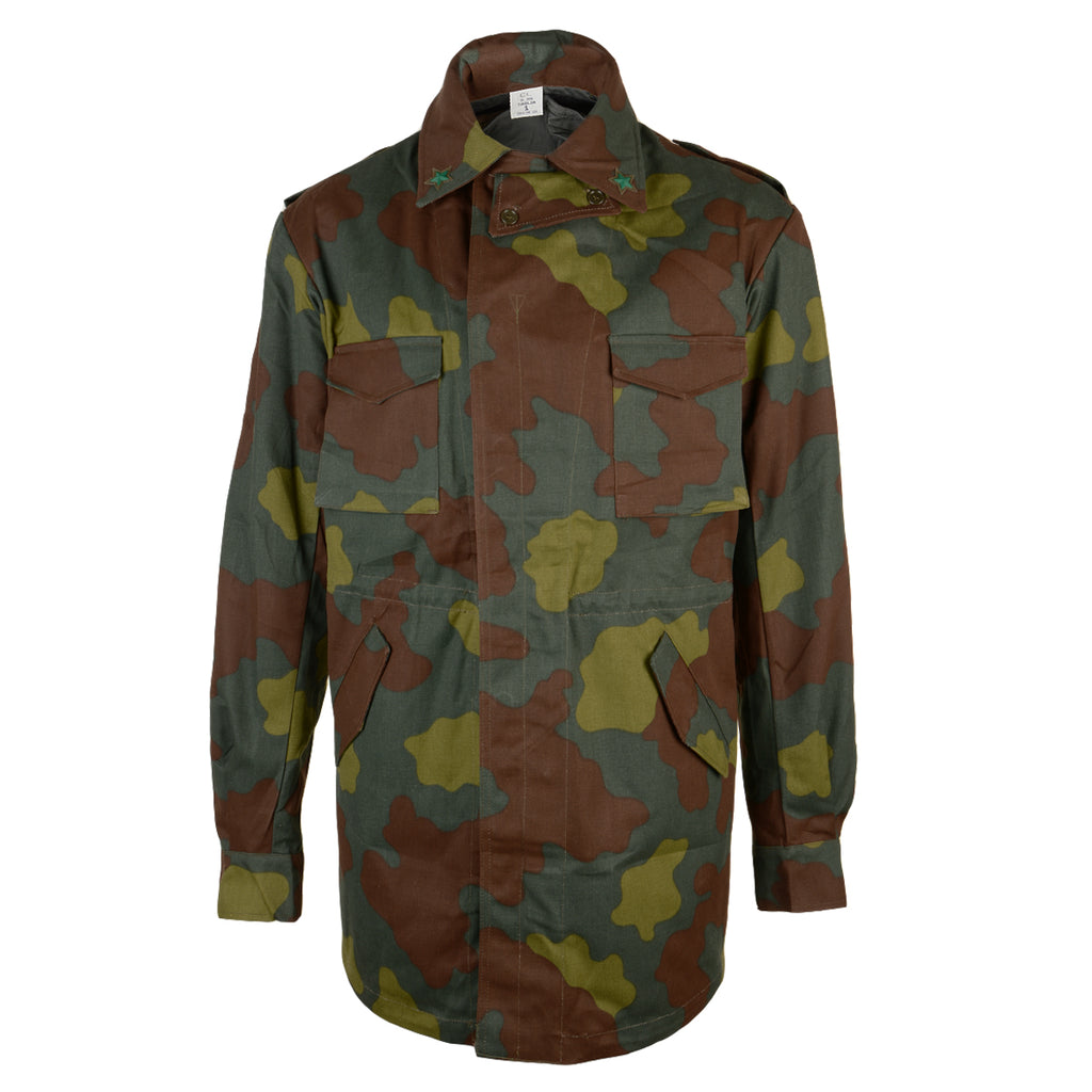 Front view of an original Italian Army San Marco camo parka with collar stars and chest pockets.