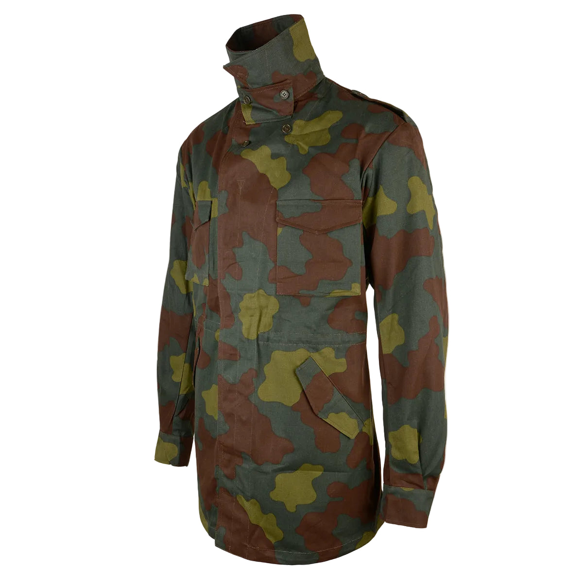 Angled view of Italian Army San Marco parka with the buttoned neck flap raised.