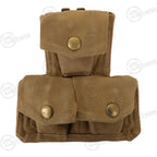 Front view of an authentic khaki cotton canvas British Army triple ammo pouch featuring brass hardware.