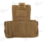 Rear view of the khaki cotton canvas ammo pouch showing the adjustable brass buckle and two brass belt loops.