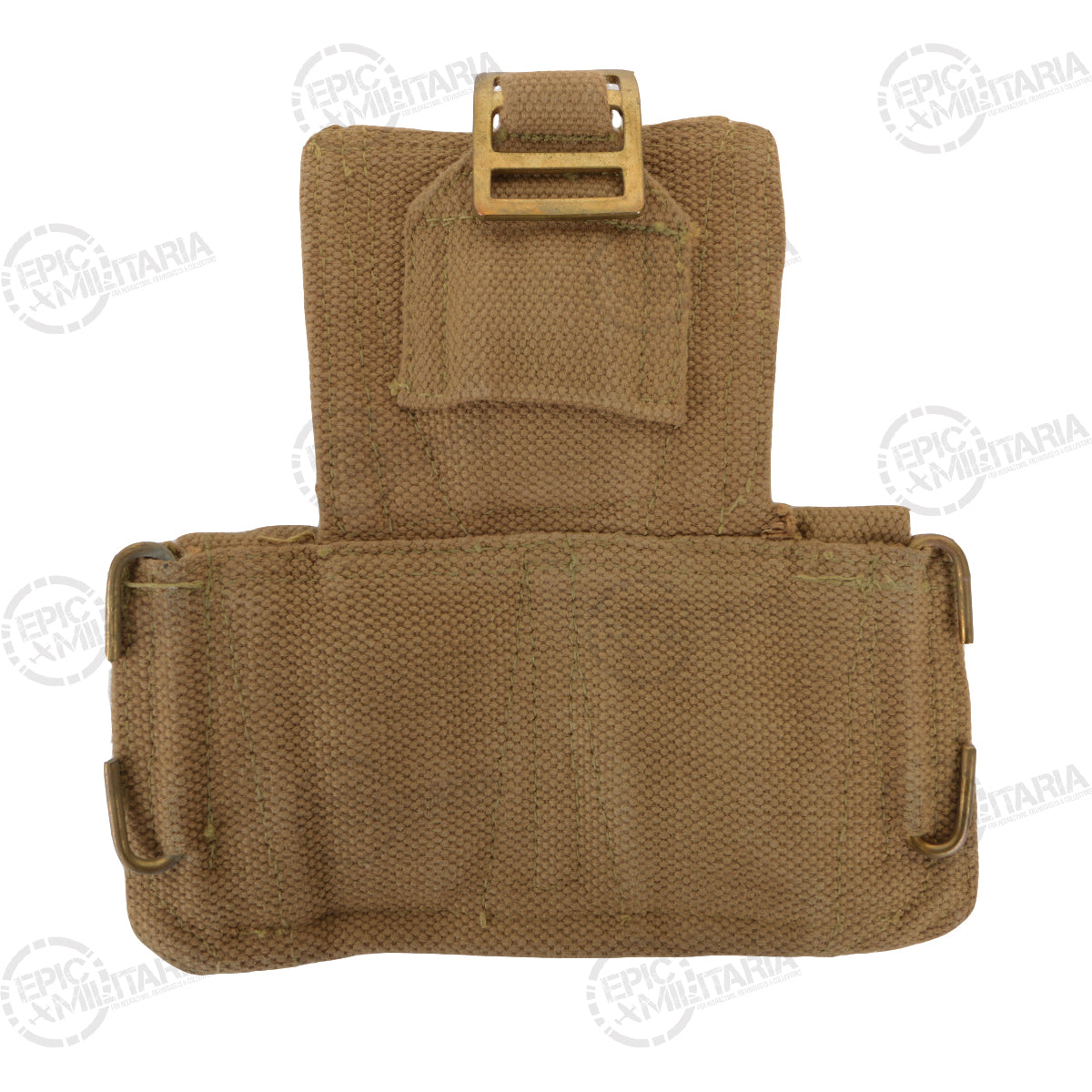 Rear view of the khaki cotton canvas ammo pouch showing the adjustable brass buckle and two brass belt loops.