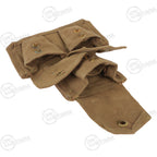 Khaki canvas ammo pouch shown partially open, highlighting the interior construction and secure brass stud fastenings.