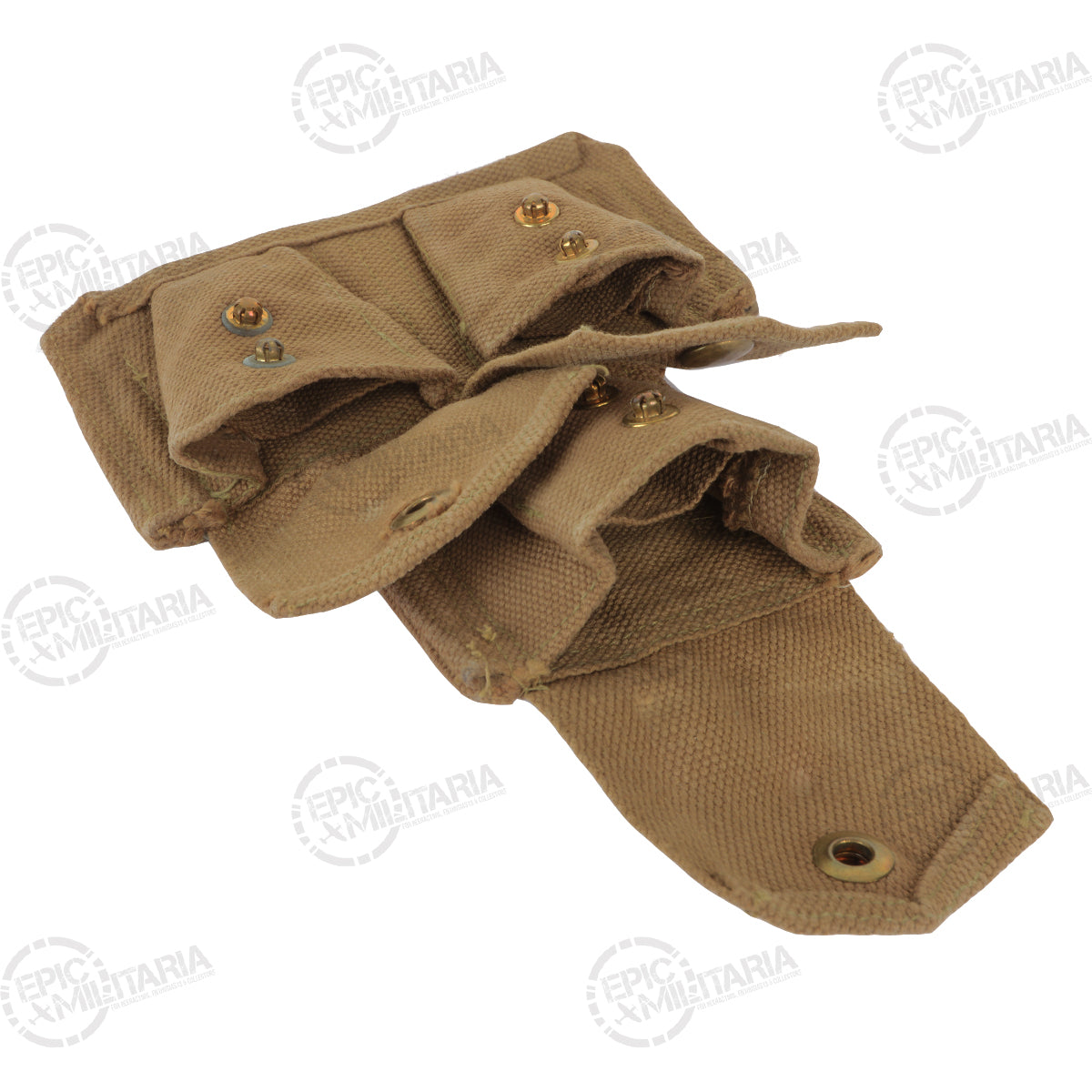 Khaki canvas ammo pouch shown partially open, highlighting the interior construction and secure brass stud fastenings.