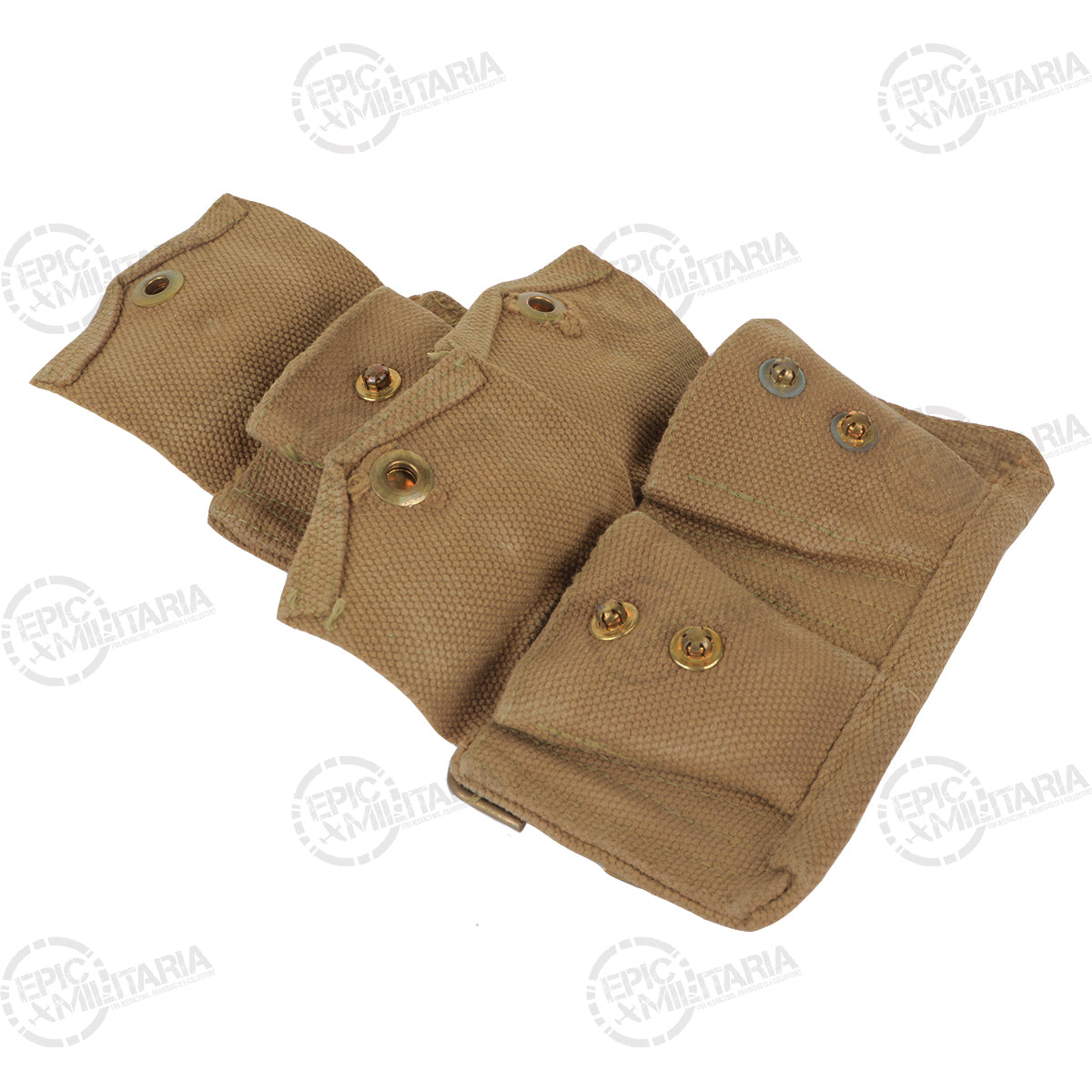 Top-down view of an open khaki military ammo pouch revealing the three individual storage pockets and interior brass details.