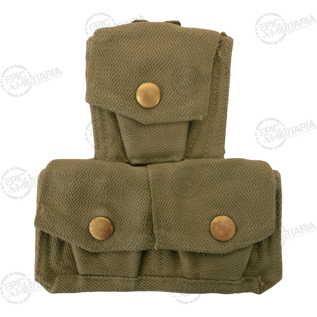 Front view of the original olive green cotton canvas British Army triple ammo pouch with three secure pockets.