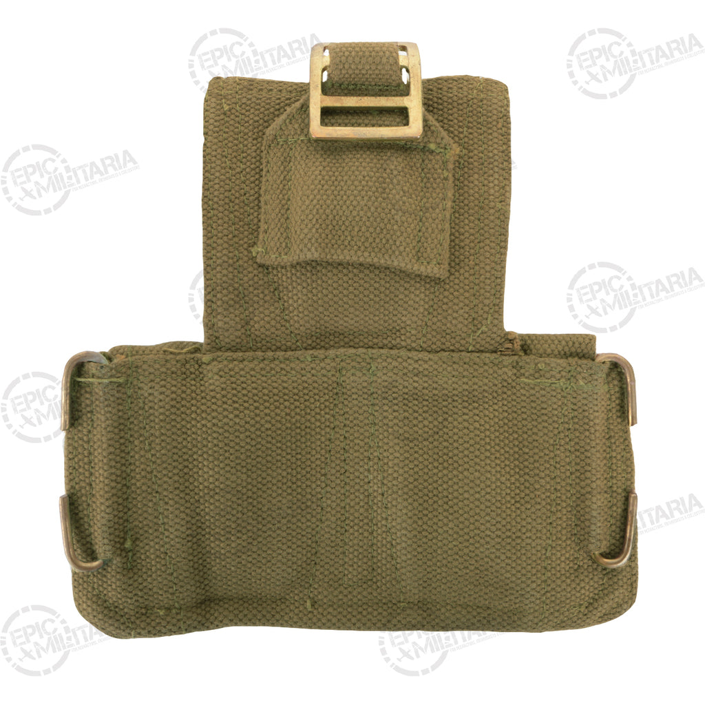 Rear view of the olive green cotton canvas ammo pouch displaying the brass attachment loops and adjustment buckle.