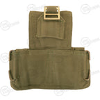 Rear view of the olive green cotton canvas ammo pouch displaying the brass attachment loops and adjustment buckle.