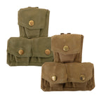 Pair of original British Army triple ammo pouches in olive green and khaki cotton canvas with brass popper closures.