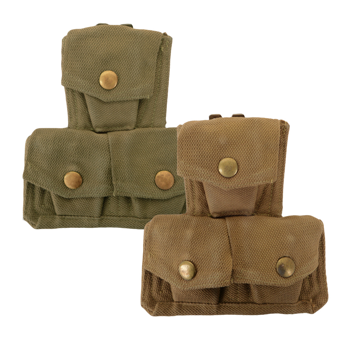 Pair of original British Army triple ammo pouches in olive green and khaki cotton canvas with brass popper closures.