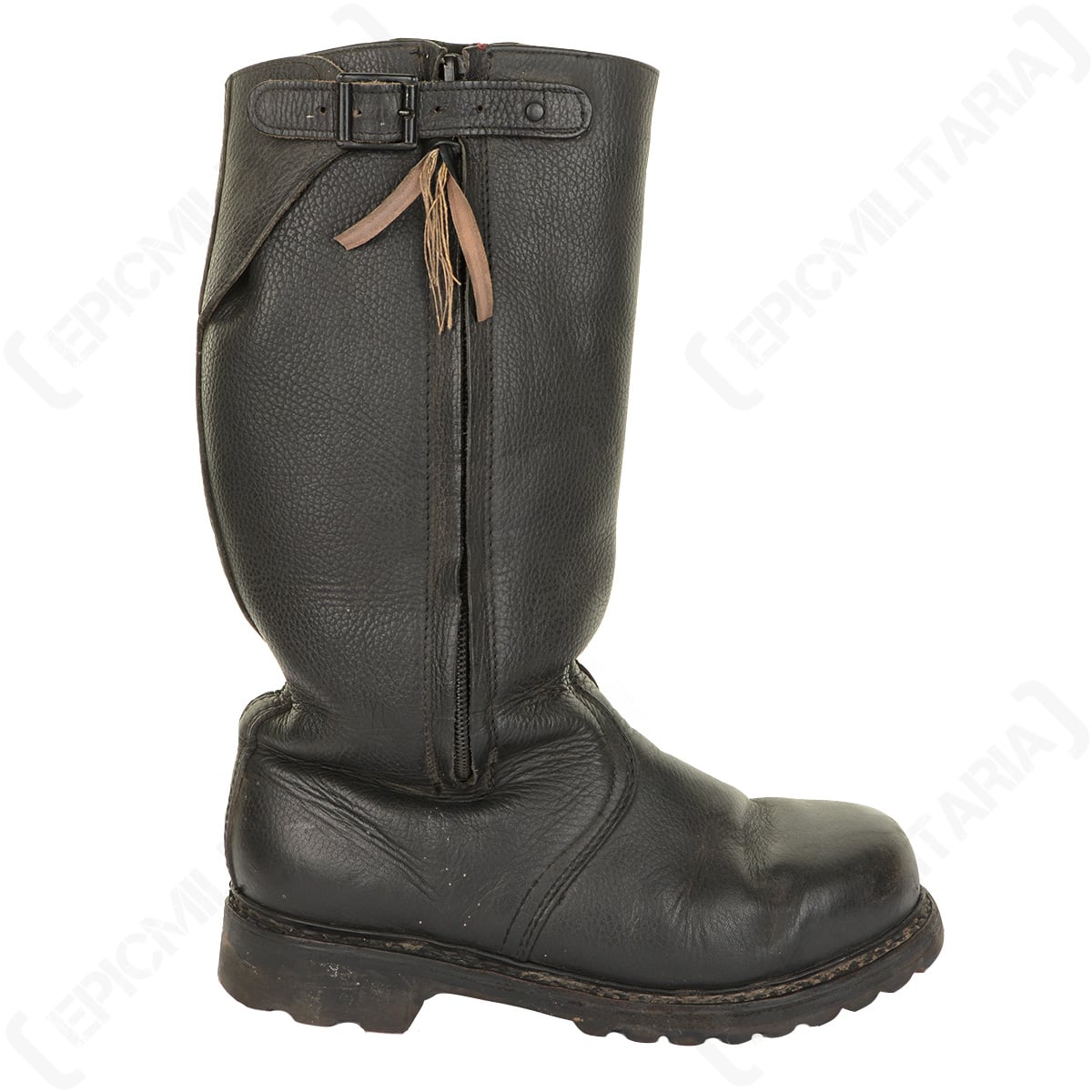 Side profile of a Bundesmarine leather jackboot showing the full-length side zip and top calf buckle.