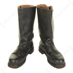 Front-facing view of a pair of original Bundesmarine fleece-lined leather jackboots.