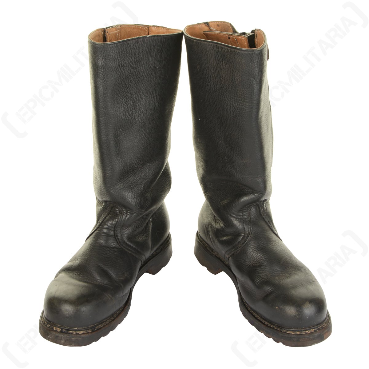 Front-facing view of a pair of original Bundesmarine fleece-lined leather jackboots.