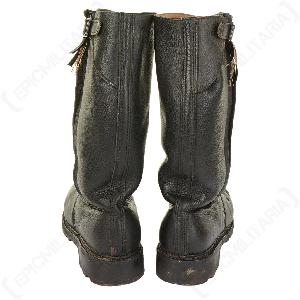Rear view of two German naval jackboots showing the durable leather upper and top buckle adjustment.