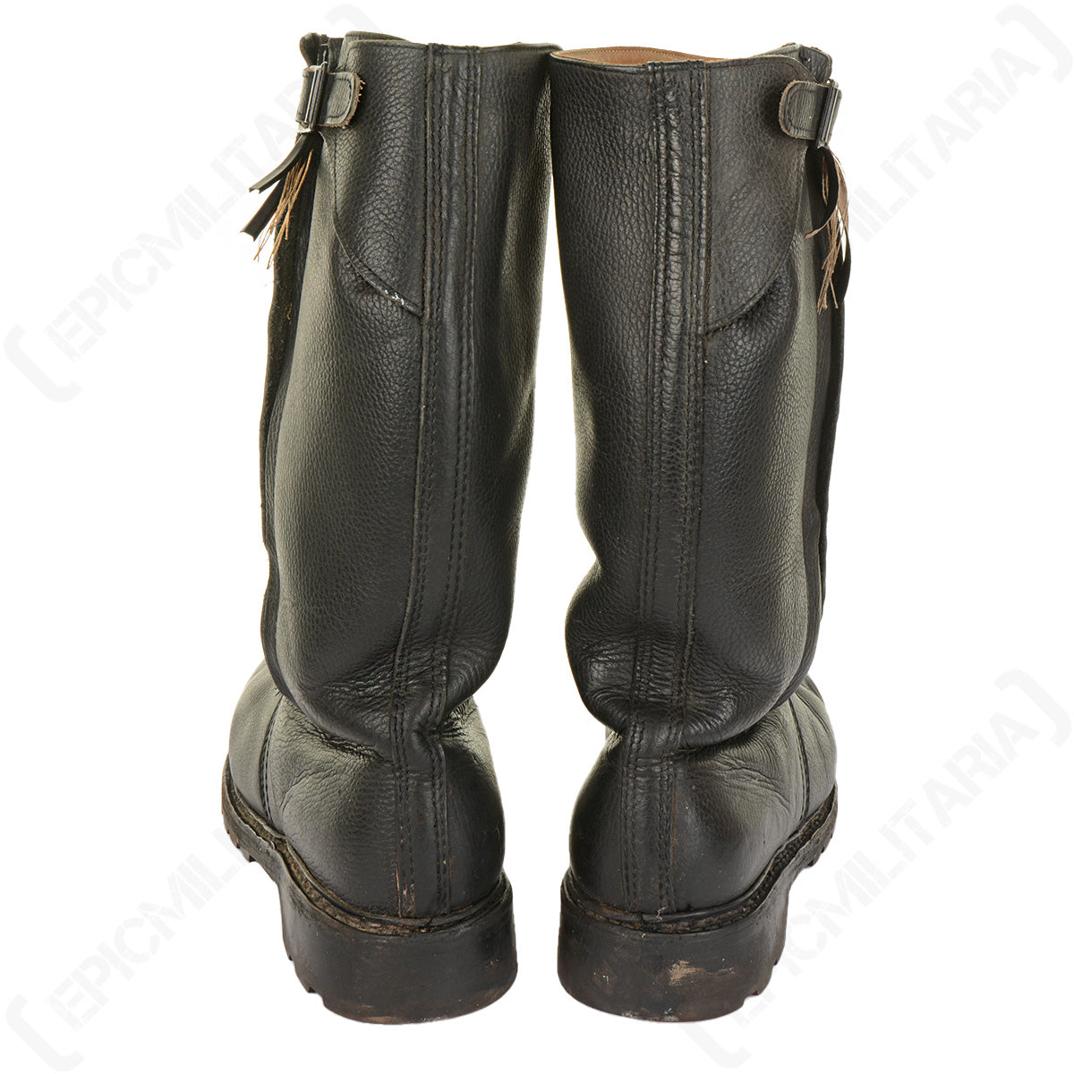 Rear view of two German naval jackboots showing the durable leather upper and top buckle adjustment.