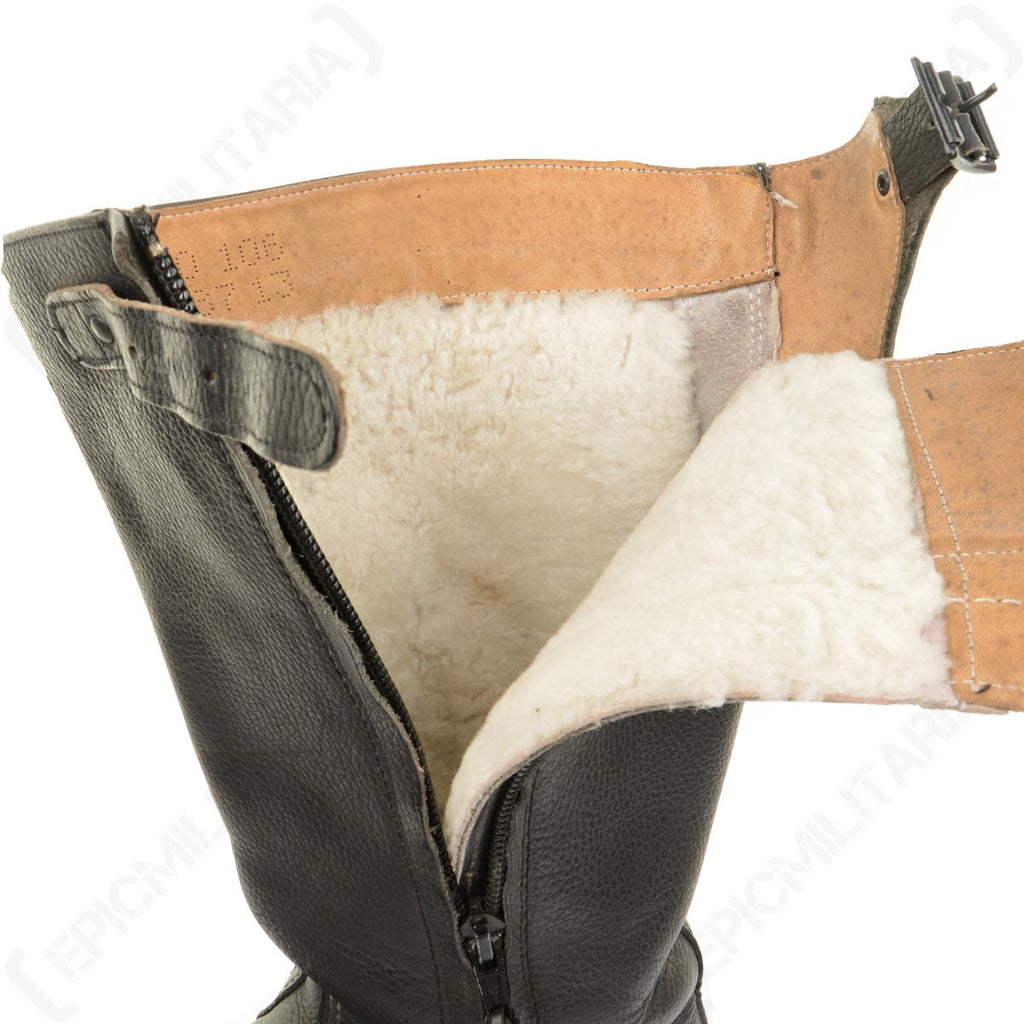 Close-up of the opened side zip on a Bundesmarine jackboot, revealing the thick fleece-lined interior.