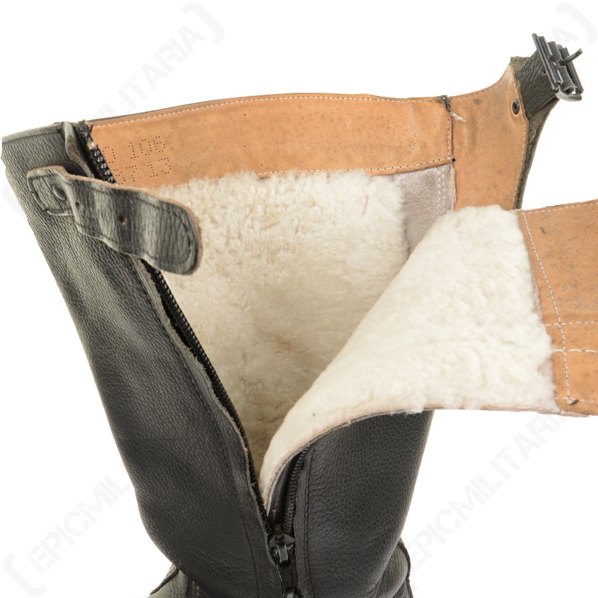 Close-up of the opened side zip on a Bundesmarine jackboot, revealing the thick fleece-lined interior.