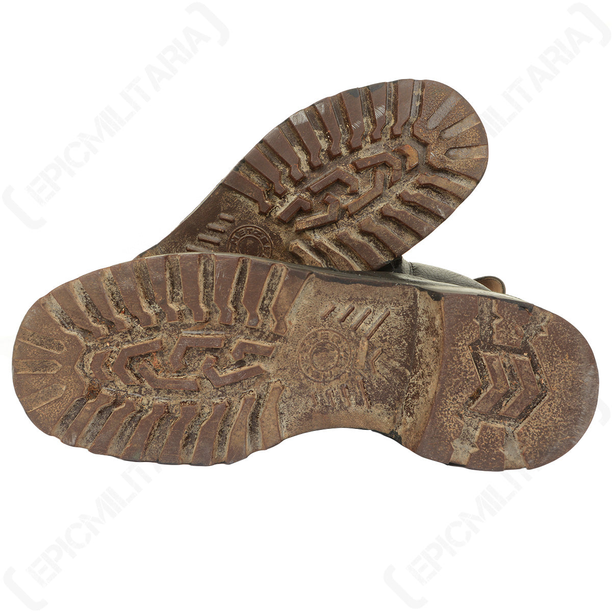 Bottom view of a pair of Bundesmarine jackboots displaying the rugged, deep-lugged rubber outsoles.