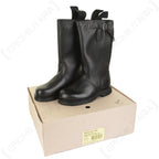 Unissued Bundesmarine black leather jackboots displayed on top of their original cardboard supply box.