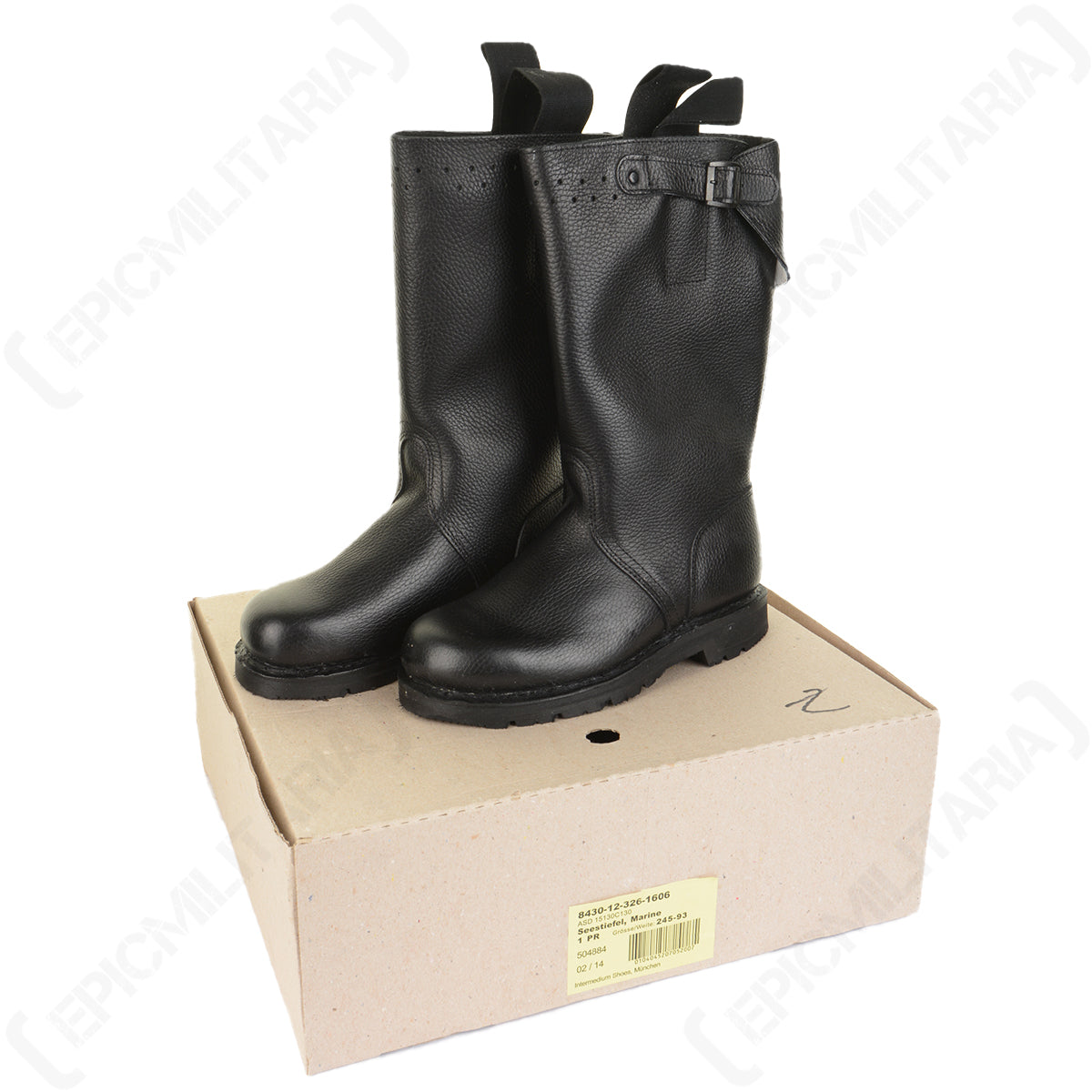 Unissued Bundesmarine black leather jackboots displayed on top of their original cardboard supply box.