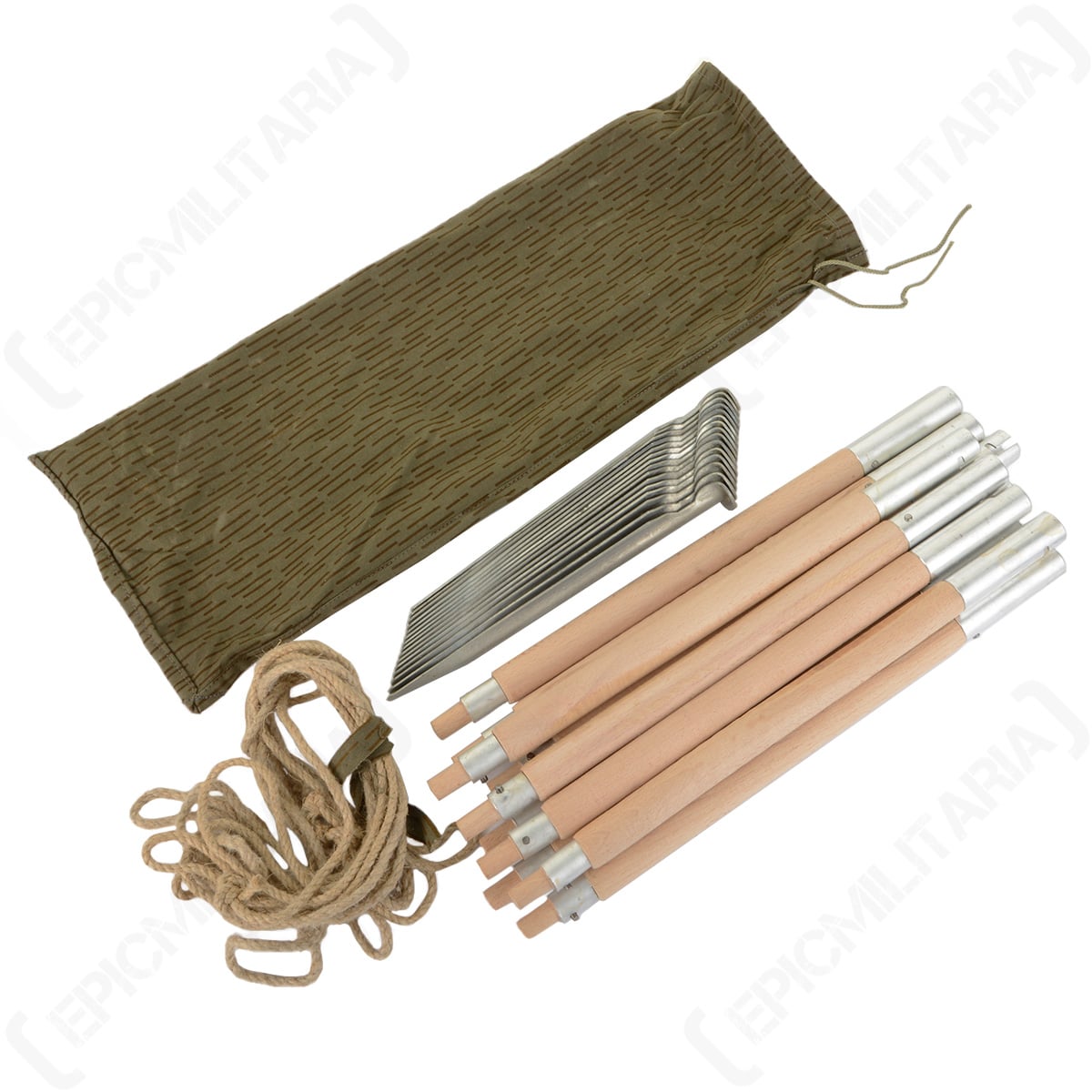 Original East German Zeltbahn pole set laid out, showing 10 wooden poles with metal tips, 15 steel tent pegs, cordage, and a strichtarn camo carry pouch.