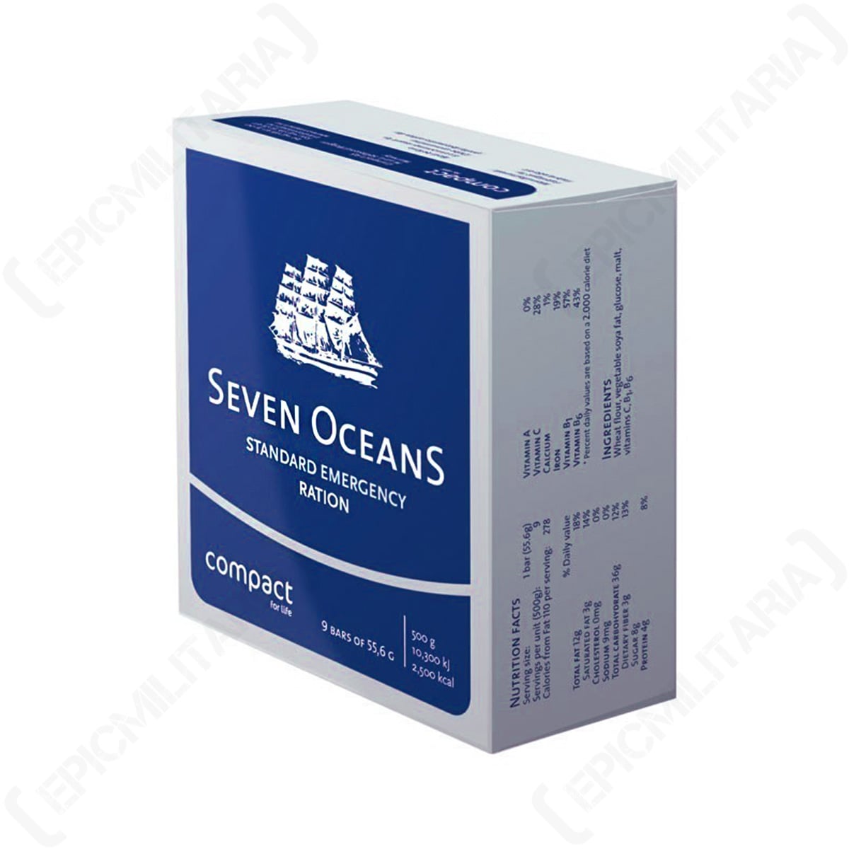 Seven Oceans 500g energy biscuit ration box in blue and white packaging displaying nutritional facts and the brand logo.