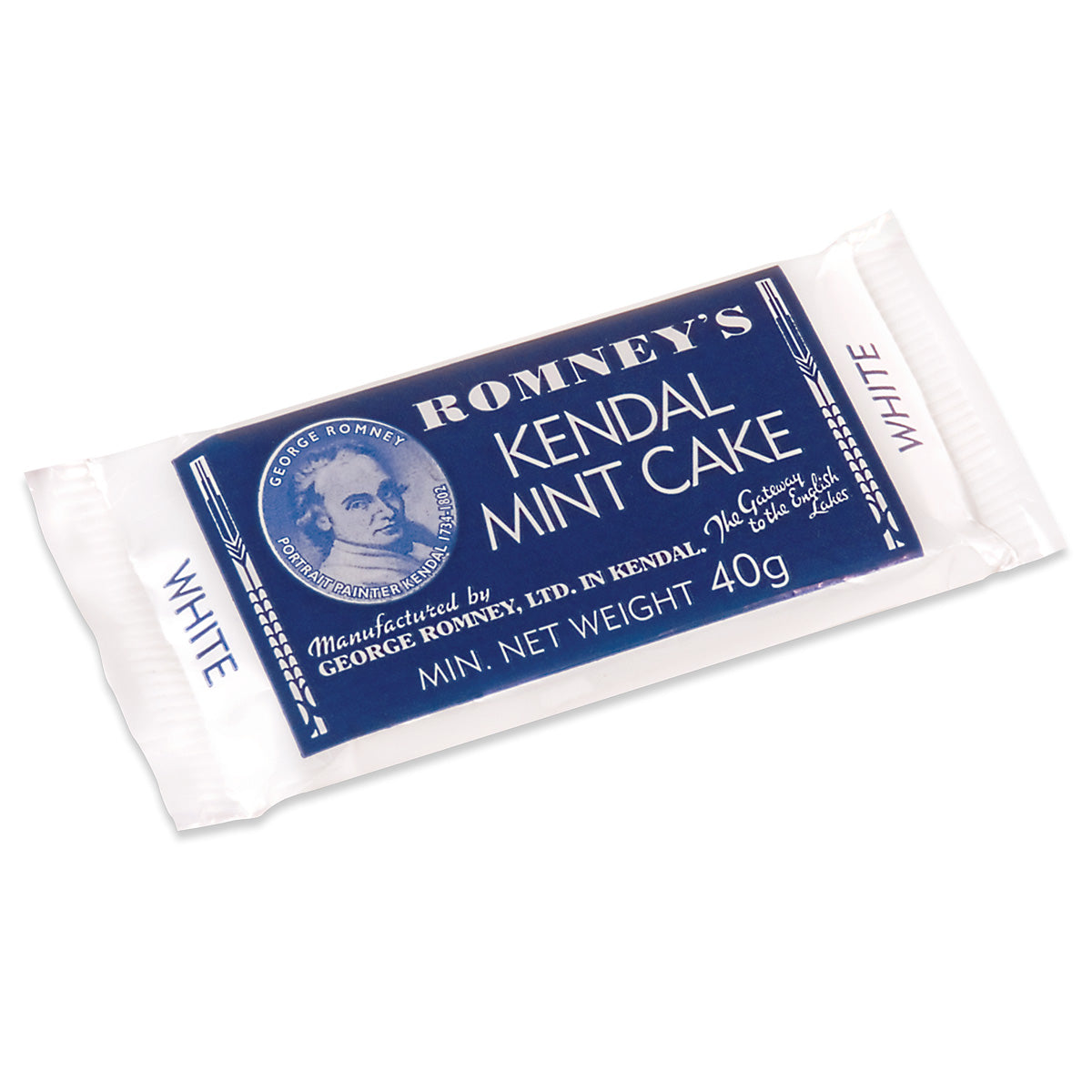 Romney's Kendal Mint Cake 40g energy snack in a blue and white wrapper featuring a portrait of painter George Romney, isolated on white.